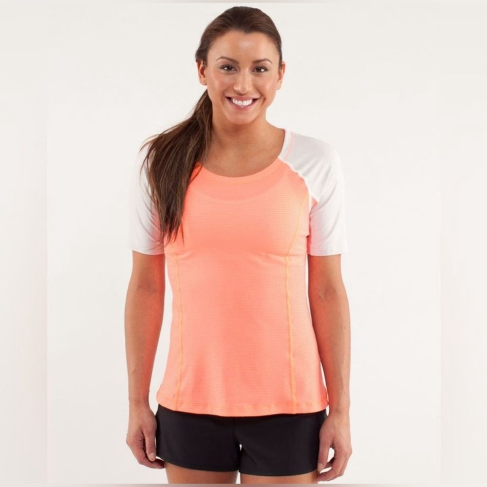 Lululemon Run: Turn It Up Tee In Pop Orange / Dune / Wagon Stripe Pop Orange